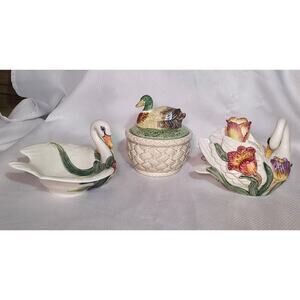 Fitz & Floyd Ceramic Trio Swan Candleholder, Swan Candy Dish & Mallard Duck Bowl